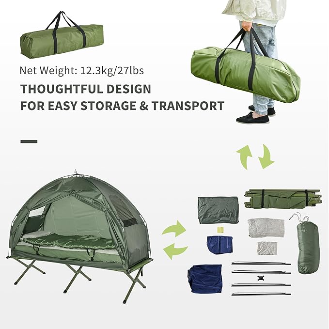Outsunny Multifunctional Folding Camping Cots for Adults, Elevated Tent with Sleeping Bag, Thick Air Mattress Pad, Portable Single Sleeping Cot Camping Bed