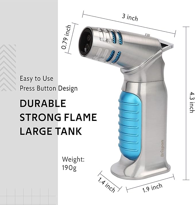 Torch Lighter, Quad 4 Jet Flame Windproof Butane Lighter with Safety Lock Adjustable Refillable Lighter for Kitchen Grill BBQ Candle Camping (Butane NOT Included) (Blue)