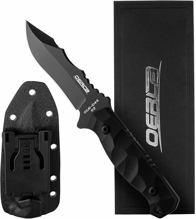 OERLA TAC OLK-D46 Outdoor Knife Fixed Blade Camping Hunting Survival Field Knife D2 High Carbon Full Tang Steel Blade with Kydex Sheath and EDC Tactical Belt Clip