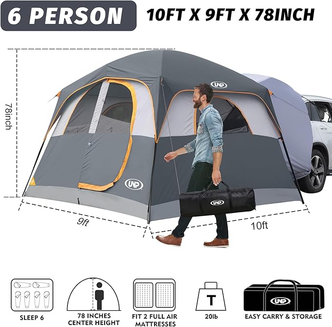 UNP SUV Tent for Camping, 6-Person SUV Tailgate Tent - Easy Set Up with Rainfly, 10'x9'x78in(H)