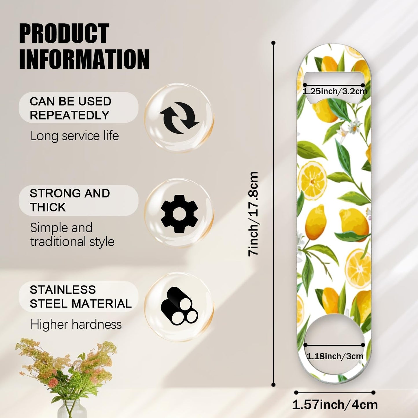 2 PACK Beer Bottle Opener, Stainless Steel Flat Bottle Openers,7 inch Metal Decor,Lemon With Flowers