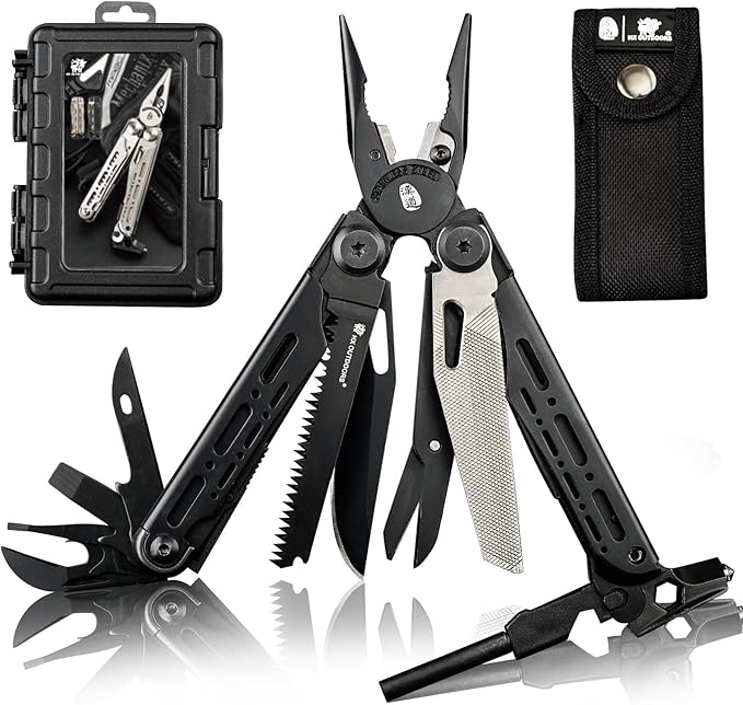 HX OUTDOORS 19 In 1 Pocket Multi Tool, Stainless Steel Multitools Pliers with Fire Starter and Glass Breaker, Folding EDC Camping Survival Tools for Men (Black)