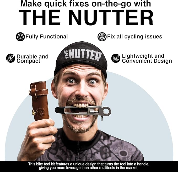 THE NUTTER All in One Bike Tool - Portable Bike Repair Kit with Cycling Multitool and Brown Leather Pouch - Specialized Bike Accessories, Bike Tools - Emergency Biking Gear for All Types of Bicycles