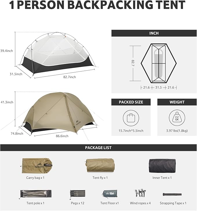 Naturehike Mongar UL 1/2Person Backpacking Tent,15D Nylon Waterproof Ultralight 1-2 Person Tent with Footprint