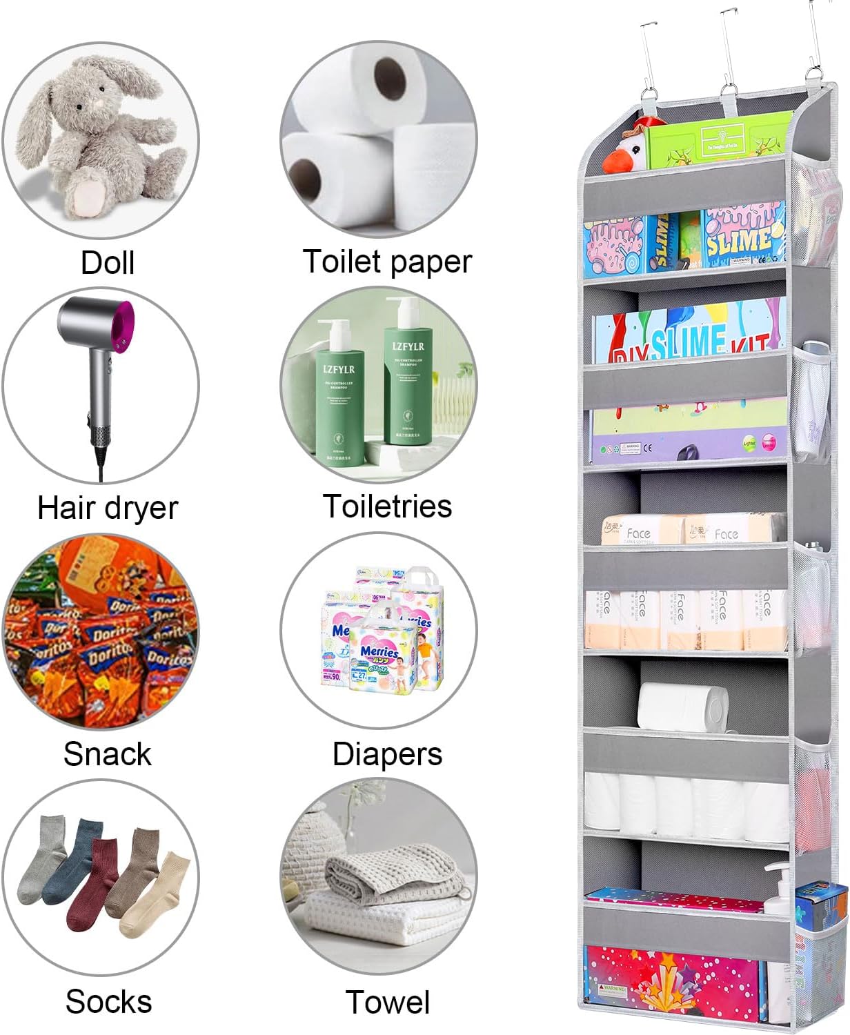 2 Pack Over The Door Storage Organizer with 5 Pockets 10 Mesh Side Pockets, 44 lbs Weight Capacity Door Hanging Organizers and Storage for Bedroom,Bathroom,Nursery,Pantry,Dorm(Light Gray)