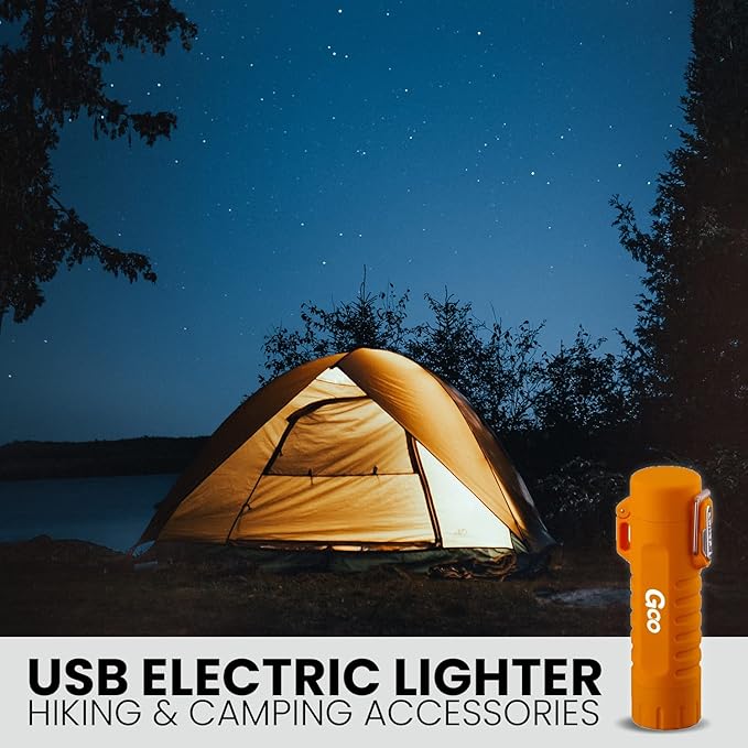 Goo Sticks USB Electric Lighter - Waterproof Plasma Lighter with LED Flashlight - Plasma Rechargable Candle Lighter - Flameless, Windproof Arc Lighter - Hiking & Camping Accessories (Orange)