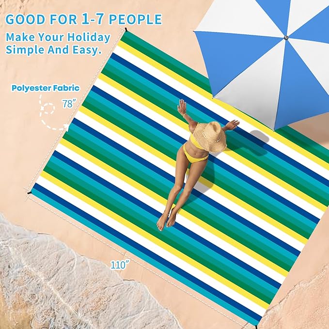 BYDOLL Beach Blanket Sandproof Waterproof 78''×110''1-7 Adults Compact Lightweight Oversized Beach Blanket Large Picnic Mat Beach Blanket for Travel Camping Hiking Picnic