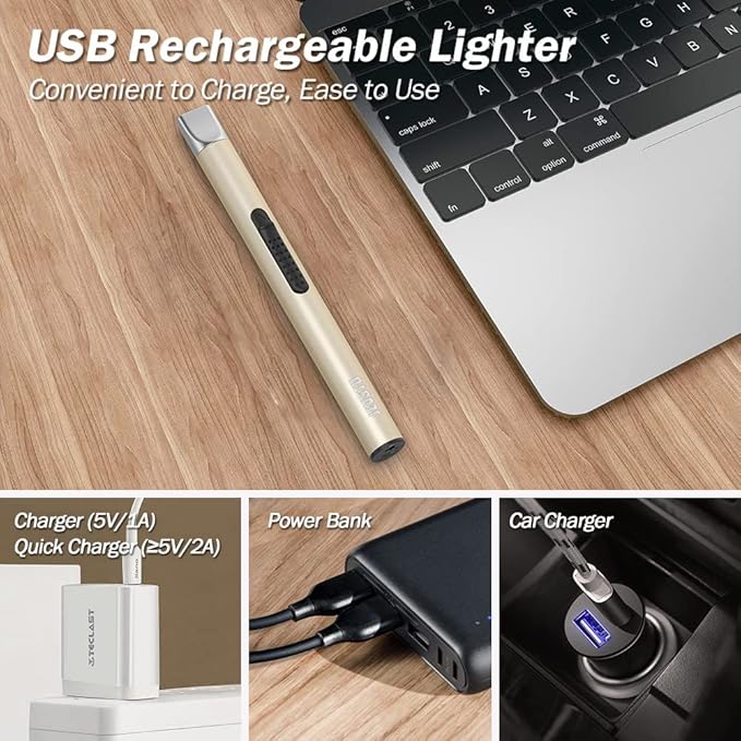 Candle Lighter, Electric Lighter Rechargeable USB Lighter, Arc Windproof Flameless Plasma Lighter Long Stick with Rope and Ring, No Butane Fluid, Perfect for Candle BBQ Camping Kitchen Stove, Gold