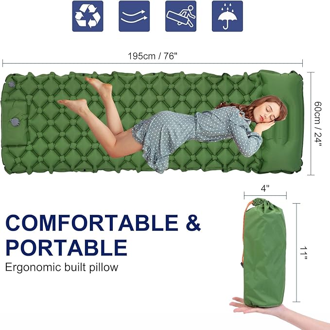 PATIKIL Backpacking Air Mattress Self-Inflating Sleeping Mats for Camping 76x24'' Waterproof Ultralight with Pillow Built-in Foot Pump for Hiking Tent Traveling, Green
