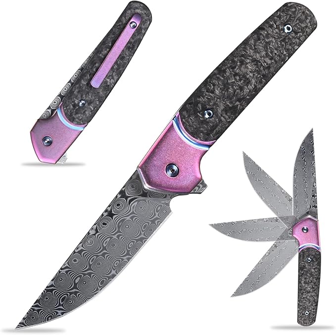 Sitivien ST252 Damascus Steel Folding Knife,Damascus Blade,Titanium Carbon Fiber Handle EDC Knife for Outdoor Camping Hiking(Pink) …
