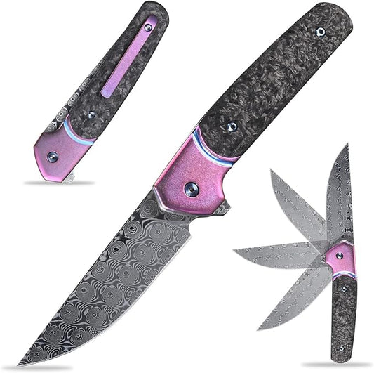Sitivien ST252 Damascus Steel Folding Knife,Damascus Blade,Titanium Carbon Fiber Handle EDC Knife for Outdoor Camping Hiking(Pink) …