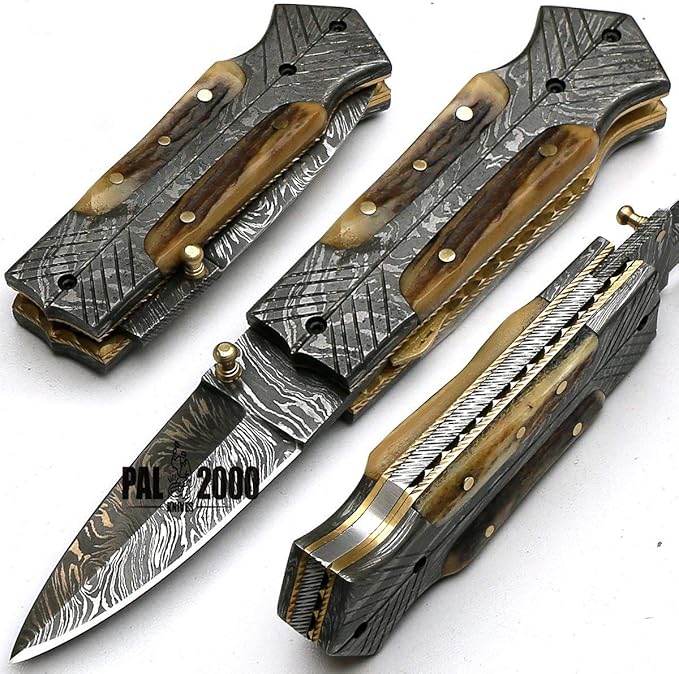 PAL 2000 KNIVES FOL-8897 Handmade Damascus Steel Blade Folding Pocket Hunting Knife with Sheath