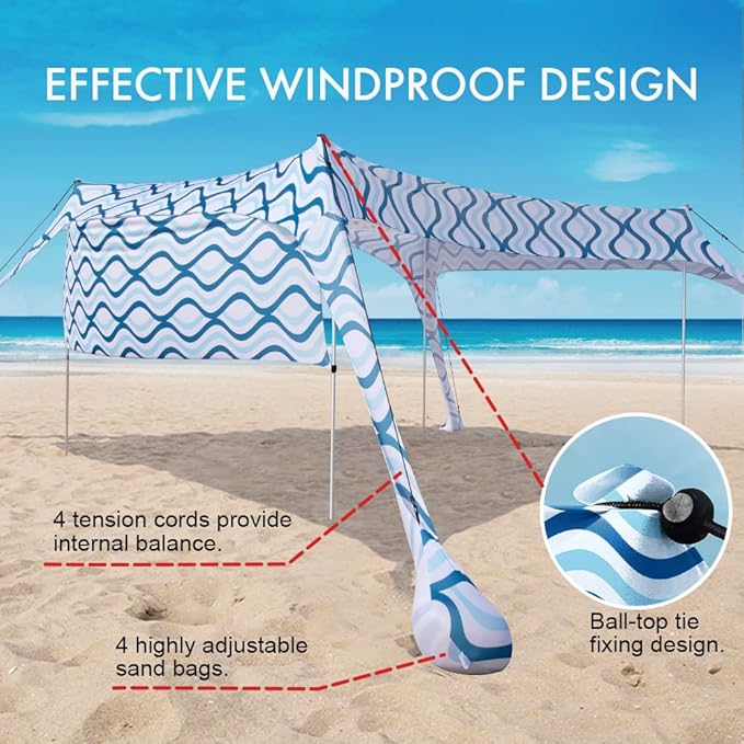 Beach Canopy Tent Shade with Sidewalls 10x10FT, 6.6FT Tall, UPF50+ Sun Shelter, Windproof & Water Resistant, Includes Guylines Sand Shovel Stability Poles, Easy Up for Beach Outdoor Camping Backyard