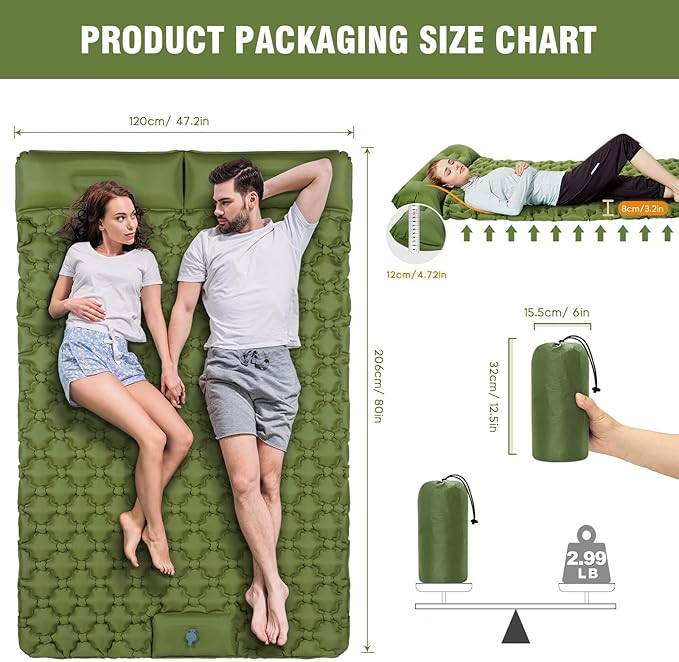 Queen Size Sleeping Pad for Camping, Lightweight Waterproof Camping Air Mattress with Built-in Pump Camping Bed for Backpacking Gear, Hiking, Tent, Traveling Green