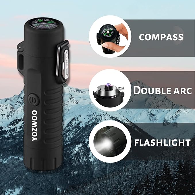 YOZWOO Electronic Lighter Rechargeable USB Lighter Plasma Dual Arc Lighter Flameless Windproof Waterproof Lighter with Flashlight Compass Lanyard for Outdoor Camping Survival Tactical Gear（Black）