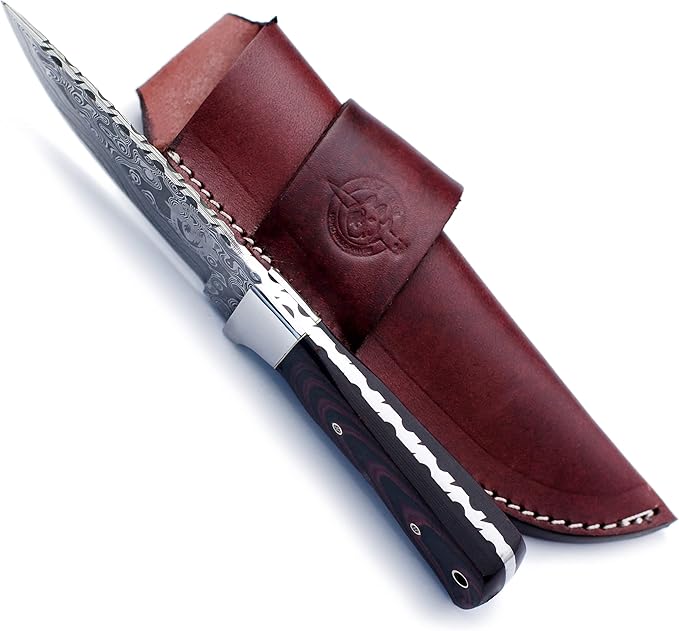 Handmade Damascus Steel Knife Bowie for Hunting,Survival,Camping,Bushcraft,and Fishing Fixed Blade with Drop Point Full Tang Micarta Handle,Leather Sheath - WKD-778
