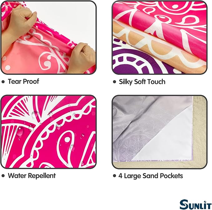 Sunlit Silky Soft 85"x72" Boho Sand Proof Beach Blanket Sand Proof Mat with Corner Pockets and Mesh Bag for Beach Party, Travel, Camping and Outdoor Music Festival, Purple and Red Mandala