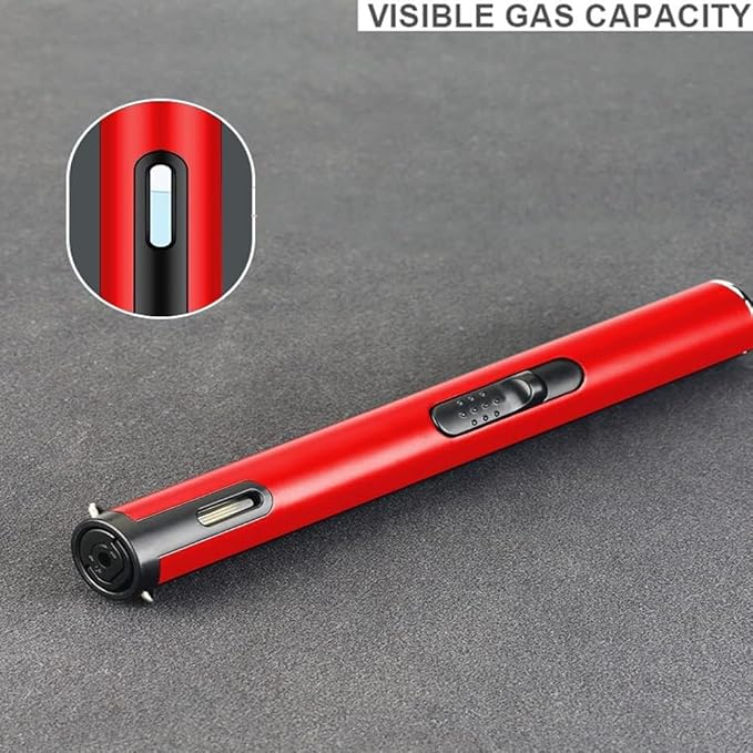 Jet Torch Lighter, Refillable Butane Lighter with Visible Window, Windproof Candle Lighter for BBQ, Camping, Stove, Kitchen Cooker, Hobs, Men Gifts (Gas Not Included) (Red)