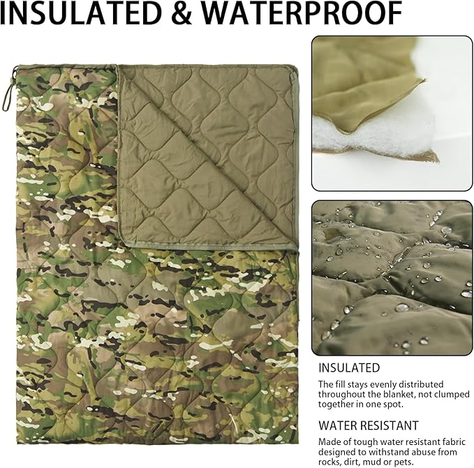 Poncho Liner Hoodie with Pocket Insulated Military Woobie Sleeping Bag Waterproof for Outdoor Camping Travel Survival Hunting Car Emergency