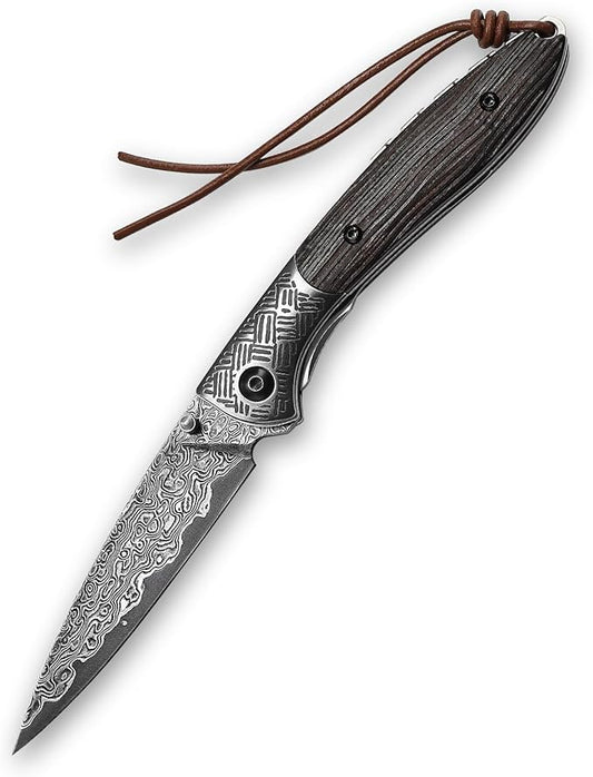 Handmade Damascus Steel Folding Pocket Knife,Bark Textures Ebony Handle Thumb Stud Knives for Men EDC Hunting Camping,Piscis Austrinus-01E