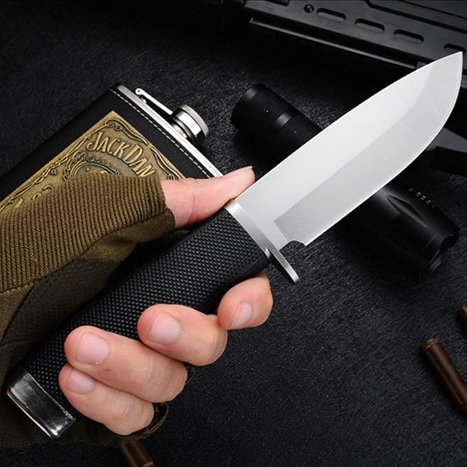 Hunting Knife with Sheath, Handmade Fixed Blade, Full Tang Knife, Non-Slip Red Wood Handle, Survival Tactical Knife, Camping Knife