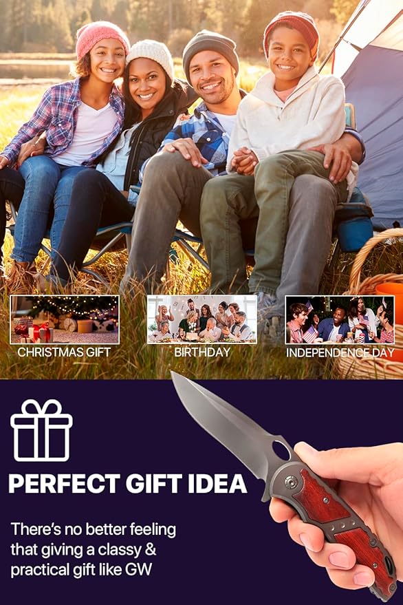 Grand Way Spring Assisted Knife - 5Cr15MoV Sharp Blade - Pocket Knife with Wood Handle - Tactical Folding Knives - Best for EDC Camping Survival - Birthday Gifts for Dad Men 97010