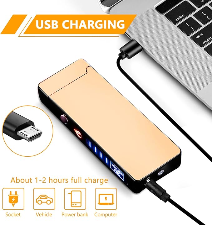 GADATOP Arc Lighter Rechargeable Windproof Flameless Electric Lighters for Outdoors Camping Hiking, Plasma Lighter with LED Battery Indicator and Gift Box (Gold)