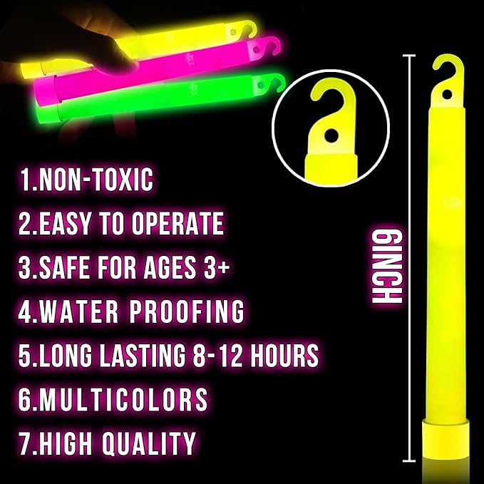 TURNMEON [ Ultra Bright ] 32 Pack 6" Glow Sticks Emergency Bulk Party Pack, 8 Color Neon Light Sticks Glow in The Dark, Waterproof Glow Accessories for Survival, Camping, Parties, Decorations