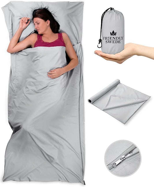 The Friendly Swede Sleeping Bag Liner - Cold Weather Camping Sheets & Adult Sleep Sack with Full Length Zipper; Microfiber Soft Travel Sheets for Hotel with Stuff Sack - Grey (Zipper)