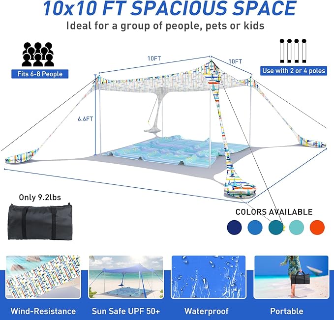 Beach Tent Pop Up Sun Shade Canopy Sun Shelter UPF50+ with 4 Stability Poles/Carry Bag/Ground Pegs/Sand Shovel/Windproof Ropes Portable Outdoor Family Sunshade for Beach Camping Fishing Picnic