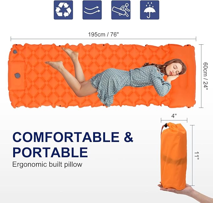 PATIKIL Sleeping Pad for Camping 76''x24'' Ultralight Inflatable Waterproof Sleeping Mat with Pillow Built-in Pump for Backpacking Hiking Traveling, Orange