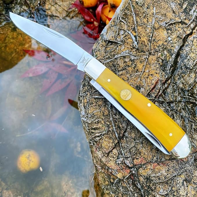 Watchman Trapper Pocket Knife – Dual Stainless Steel Blades Slip Joint Knife Folding Pocket Knife with Authentic bone handle scales (yellow)