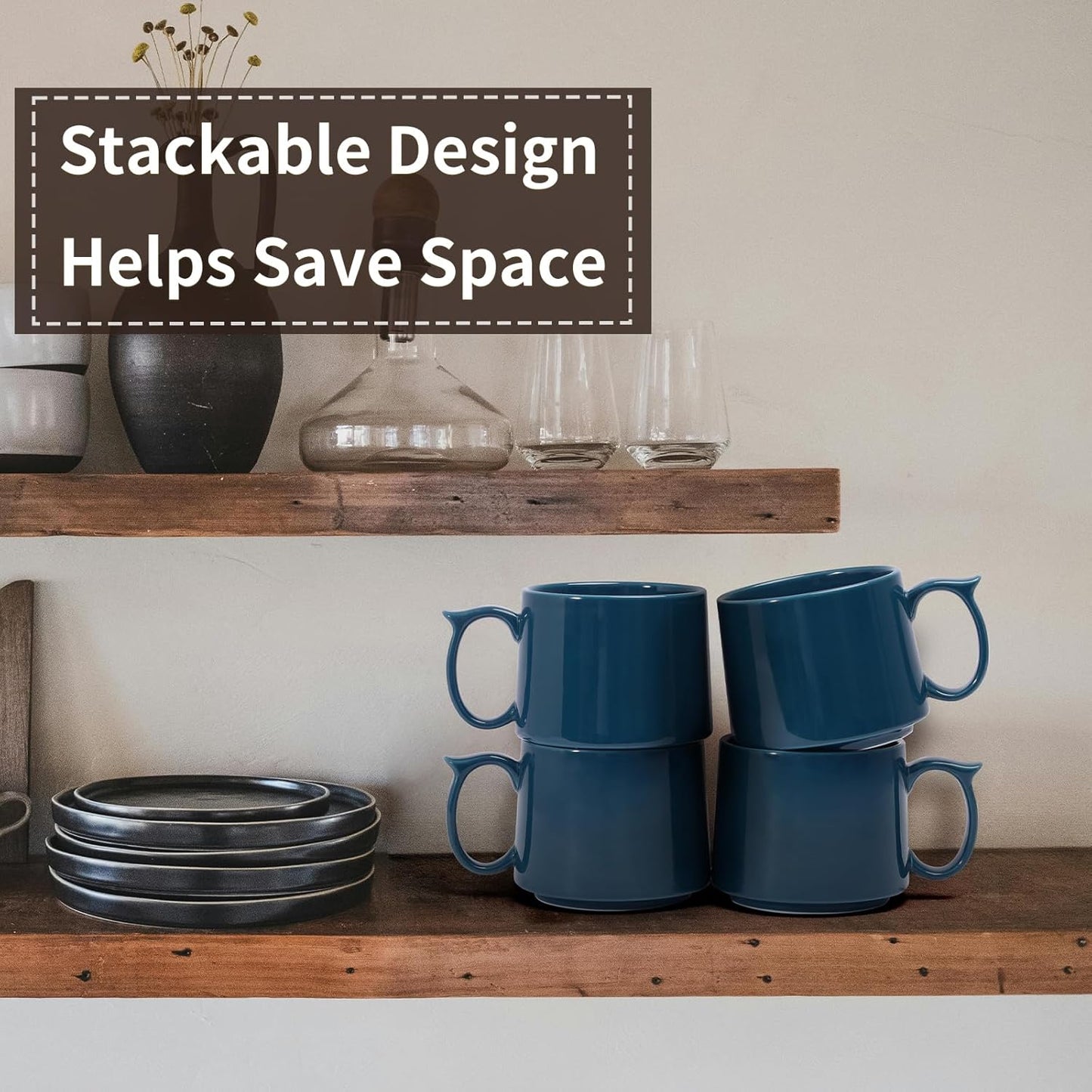 19 oz Large Coffee Mugs Set of 4, Stackable Ceramic Coffee Mugs with Large Handles for Coffee, Latte, Cappuccino, Milk, Dishwasher & Microwave Safe, Ideal for Men, Women, Dads and Moms (Blue)