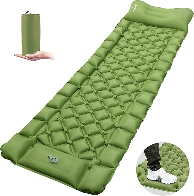 ONTYZZ Sleeping Pad for Camping Ultralight Inflatable Sleeping Pad with Built-in Foot Pump Upgraded Durable Compact Camping Air Pad for Camping Hiking Traveling, Green