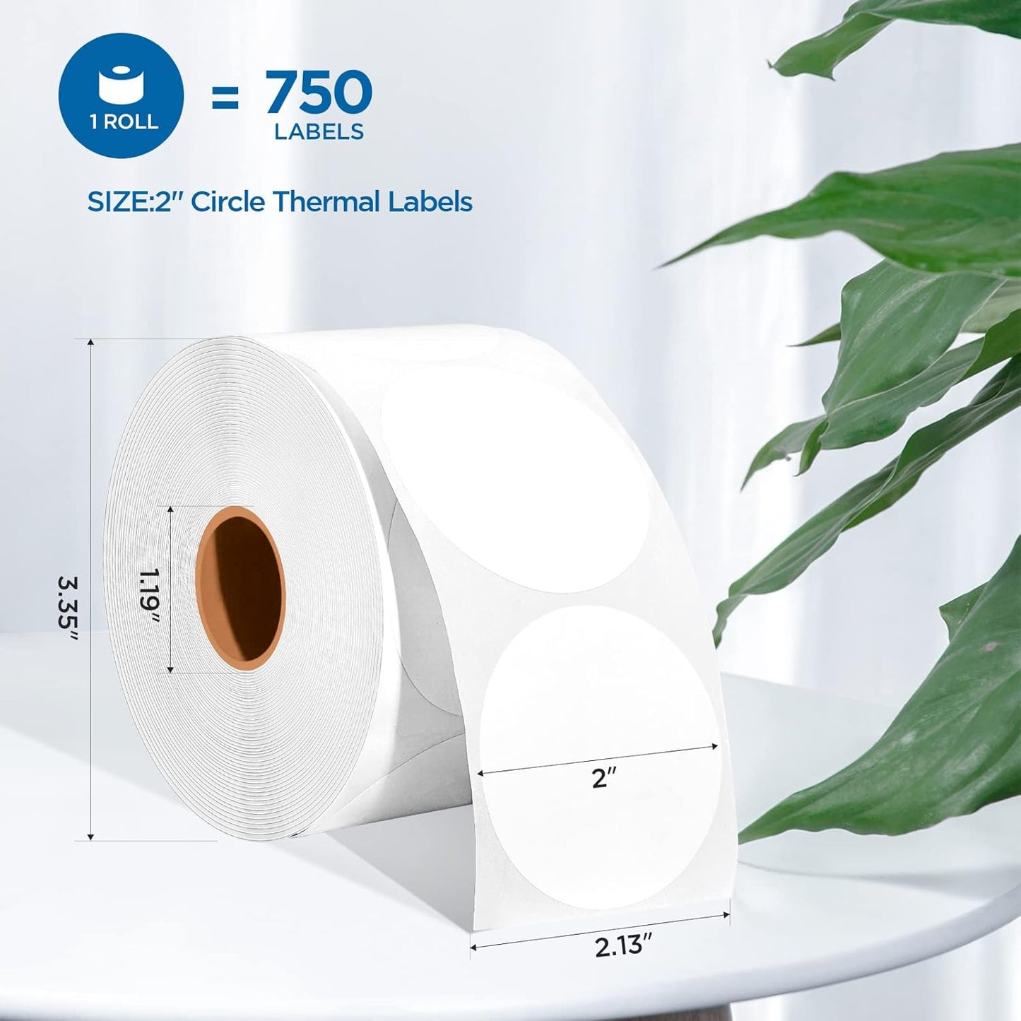 2 Inch Circle Thermal Sticker Labels, 2" Self-Adhesive Round Direct Thermal Stickers for Business-750 Labels/1 Roll (White)