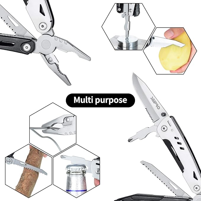 Multitool Pocket Knife for Men, Tactical Multi Tool Saw, Screwdriver kit, Flint with Nylon Pouch, Detachable Large Scissors Plier for Camping, Survival, Dad Gifts Ideas