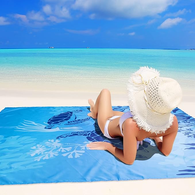 Airensky Beach Blanket, Sandproof Beach Mat 79" X 82" for 4-7 Adults, Large Waterproof Beach Blanket Compact Lightweight Beach Blanket with 4 Stakes for Picnic Camping Travel Hiking(Blue Turtles)