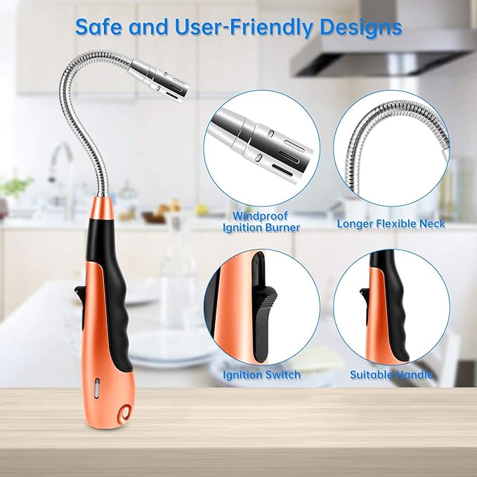 Butane Lighter Torch Long Lighter Jet Flame Windproof Lighter with Visual Fuel Window for Fireplace Kitchen Grill BBQ Camping, Orange (No Butane Included)