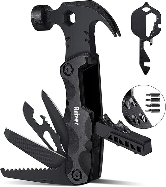 Multitool Camping Accessories, 13 in 1 Hammer Multitool and Key Shaped Pocket Tool, Survival Tool with screwdrivers, Safety Lock, Gifts for Him Men Husband Dad Boyfriend
