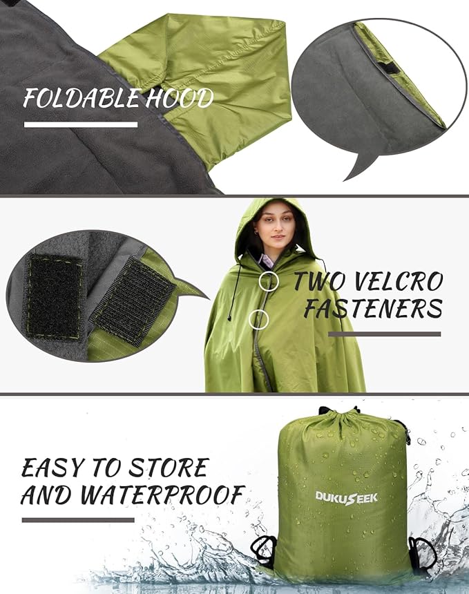 DUKUSEEK Waterproof Blanket Outdoor, Hooded Blanket Poncho - Large (79"x 59"), Portable, Windproof Fleece Blankets for Cold Weather Camping, Picnic, Sports, Boat, Dogs, Festivals, Car, Emergency…