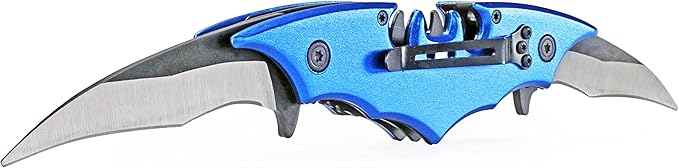 Dark Twin Blade Knife - Double Edge Folding Pocket with clip, 11" Stainless Steel Two Sharp Cut (Blue)