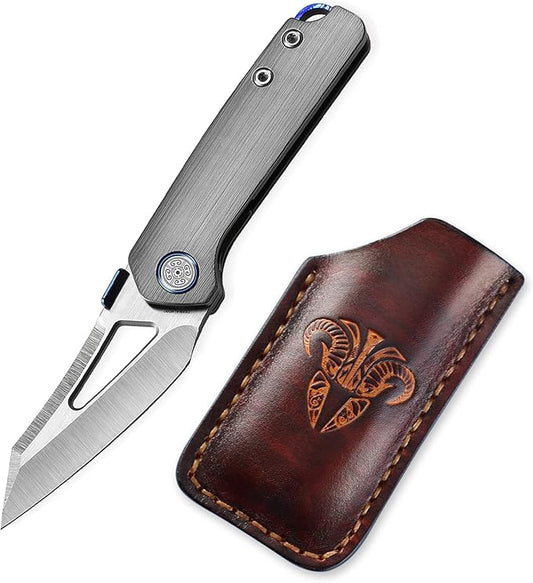 Knife Denka C02 Thumb Stud Knife,2.6" M390 Steel Satin Pocket Knife,3.35" Titanium Handle Folding Knife with Leather Sheath(grey & Leather Sheath)