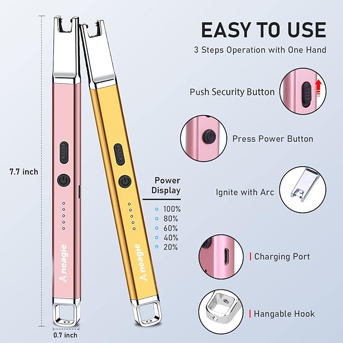 Lighter Electric Candle Lighter 2 packs Upgraded Rechargeable Candle Lighter with LED Flashlight Windproof Flameless and Hanging Hook LED Battery Display Arc Lighter for Candle Grill Camping
