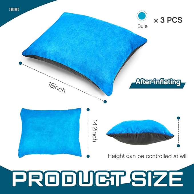 Soaoo 3 Pcs Camping Pillow Inflatable Compressible Memory Foam Foldable Travel Pillow Packable Pillow with Storage Bag for Adult Kid Backpacking Sleeping Traveling Hiking Car Essential Gear (Blue)