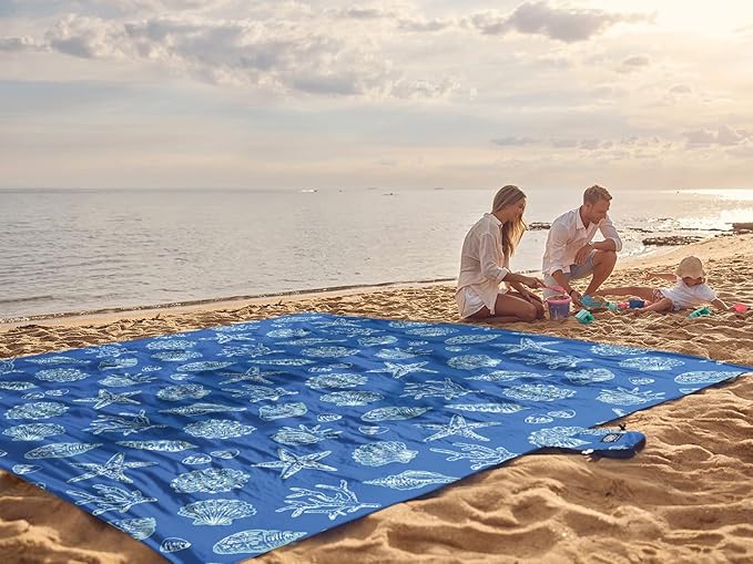 WEKAPO Beach Blanket Waterproof Sandproof Oversized, Extra Large Beach Mat Sand Free, Lightweight & Compact Sand Free Mat with 6 Stakes & 4 Corner Pockets