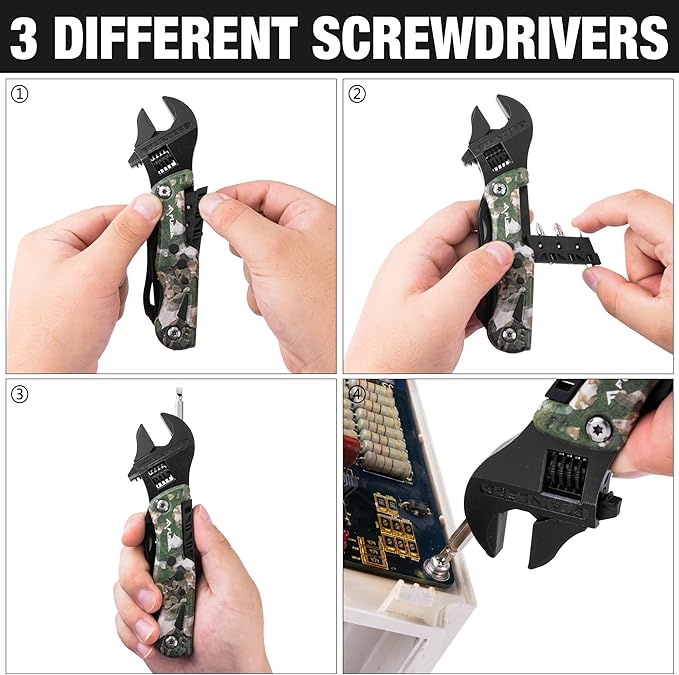 FLISSA 13-in-1 Multi Tool Wrench, Stainless Steel Camo Multitool Adjustable Wrench with LED Light, EDC Pocket Knife with Sheath, Multipurpose Multi Use Tool Wrench