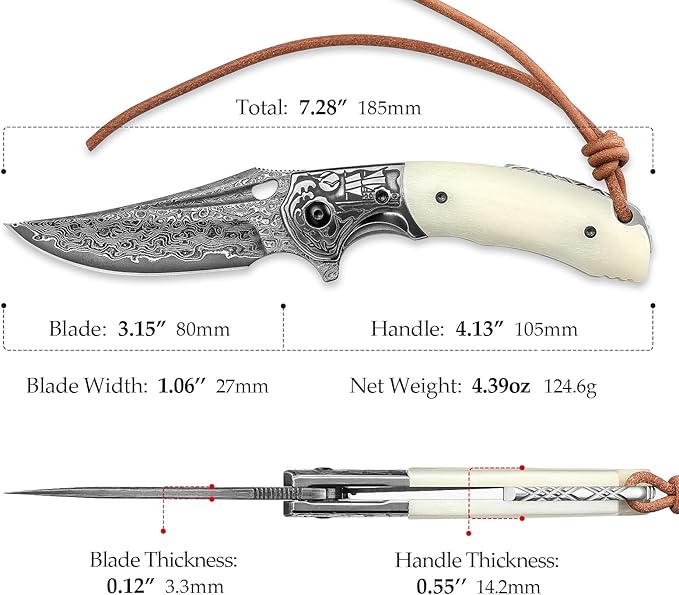 Pocket EDC Knife for Men, Folding Knife with Clip， 3.15" Damascus Steel Blade，OX Bone Handle, Leather Sheath for Camping Hiking knife，Puppis-02W