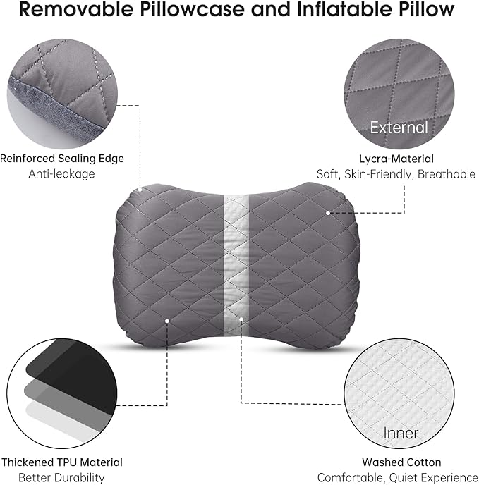 Inflatable Camping Pillow with Removable Cover - Ultralight Compact Camp Pillows for Sleeping, Backpacking, Hiking, Beach, Outdoor - Portable Blow Up Air Travel Pillow for Neck & Lumbar Support - Grey