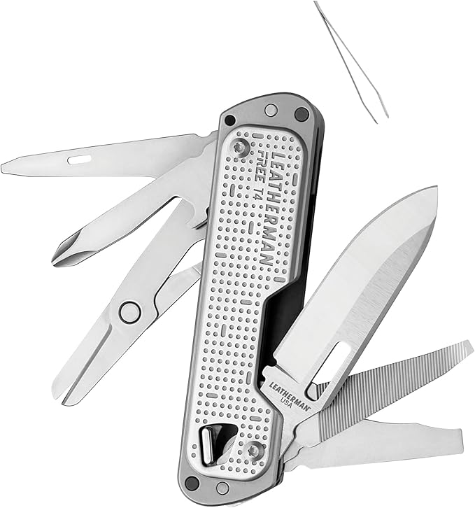 LEATHERMAN, FREE T4 Multitool and EDC Knife with Magnetic Locking and One Hand Accessible, Made in the USA, Stainless