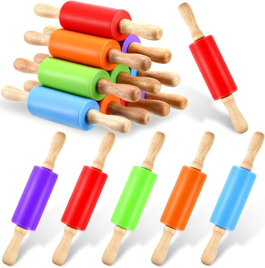 10 Pcs Small Rolling Pin Kids 9 Inch Mini Rolling Pin Silicone Wooden Cooking Pins Baking 5 Colors Non Stick Kids with Wooden Handle for Kitchen Dough Cookie Pastry Fondant Cake
